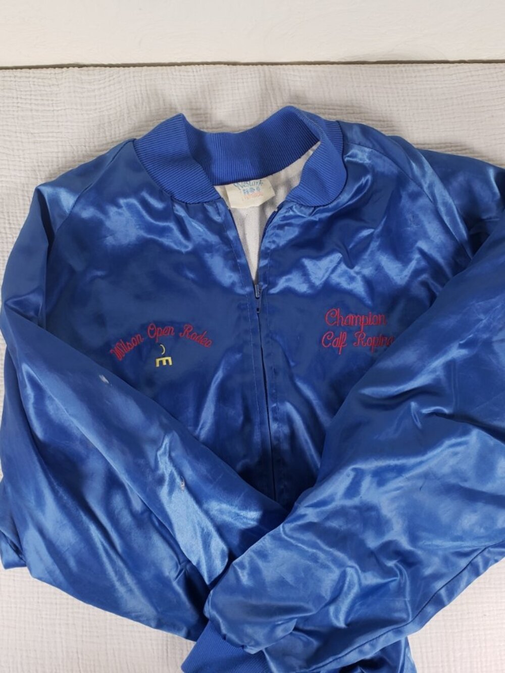 Vintage Blue Satin Bomber Jacket Rodeo Western Embroidered Calf Roping